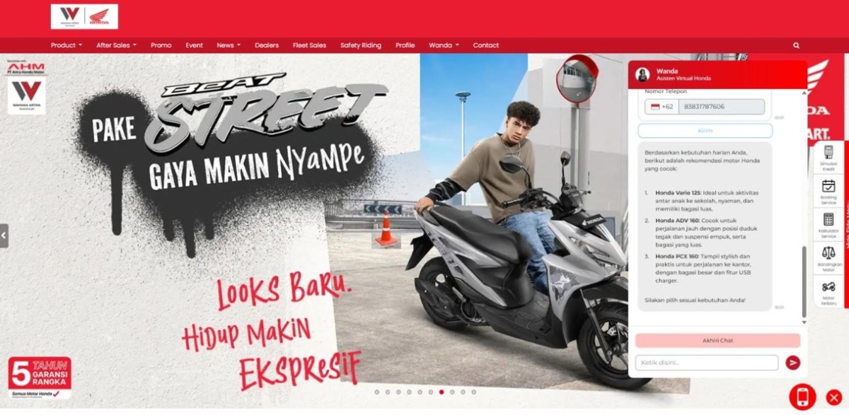 Cari Informasi Motor Honda Kini Makin Gampang, Tinggal Chat Asisten Virtual Wanda