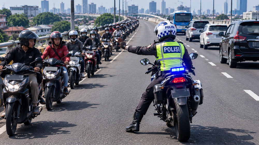Gokil! Sekali Patroli, Polisi Tegur Belasan Pemotor Lawan Arah di Flyover Buaran