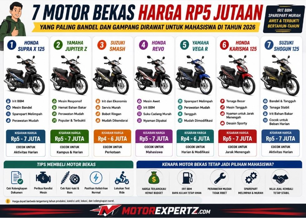 7 Motor Bekas Harga Rp5 Jutaan yang Paling Bandel dan Gampang Dirawat untuk Mahasiswa di Tahun 2026