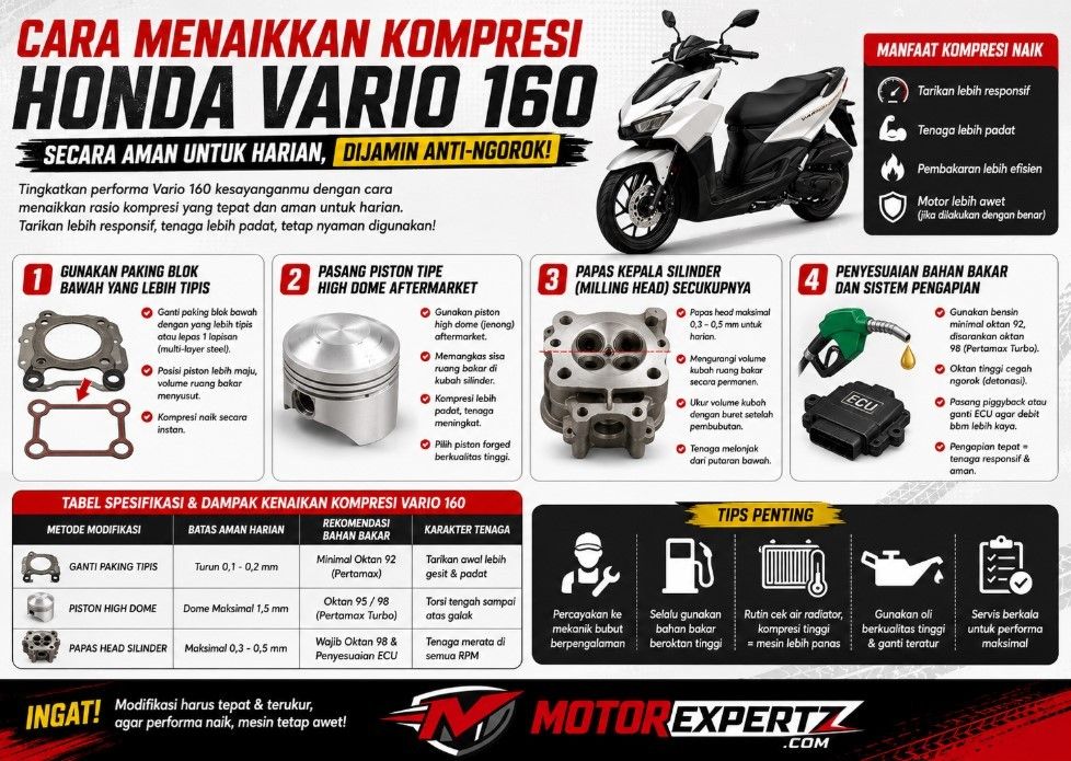 Cara Menaikkan Kompresi Mesin Honda Vario 160 Secara Aman untuk Harian, Dijamin Anti-Ngorok!