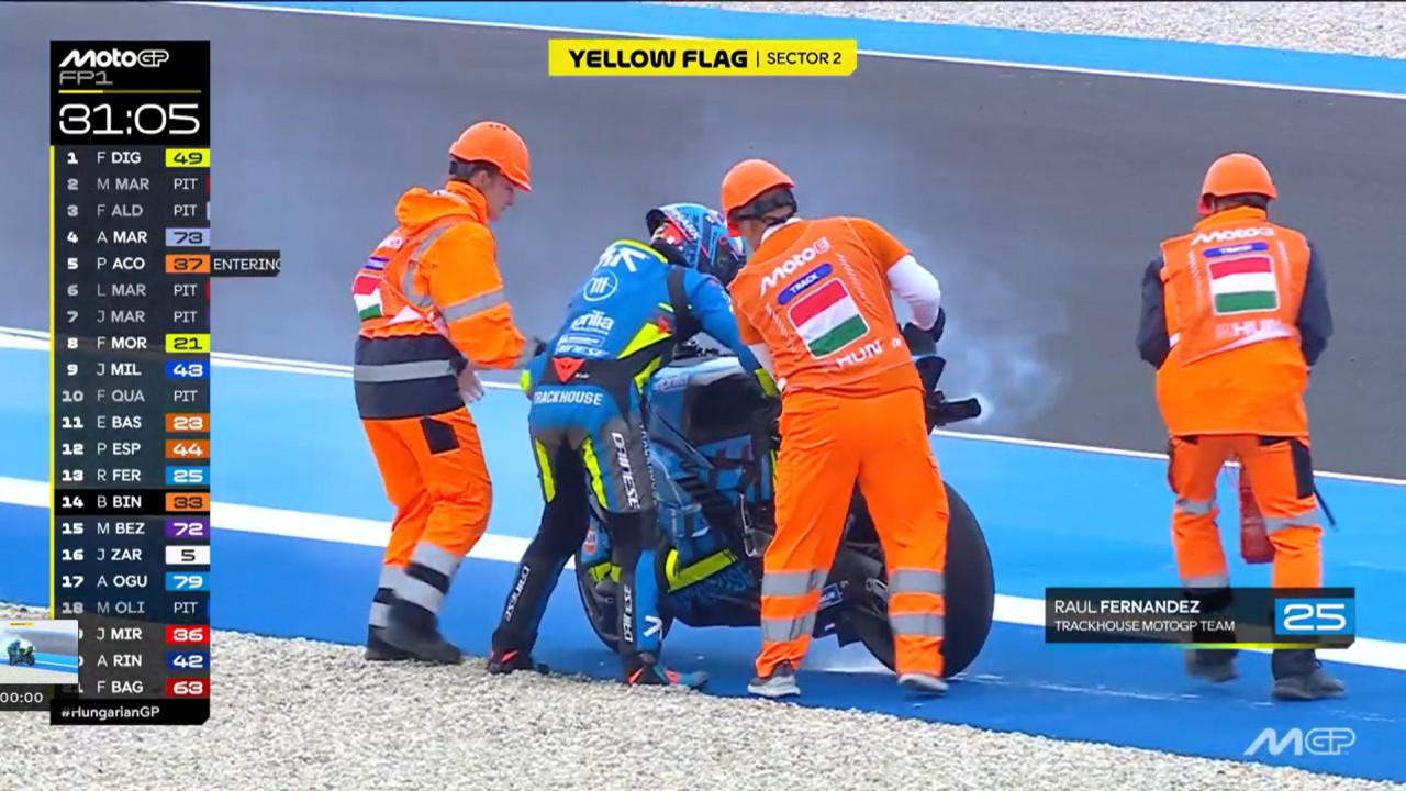 Dua Motor Aprilia Bermasalah di FP1 MotoGP Hungaria 2025, Mesin Meledak hingga Keluarkan Api