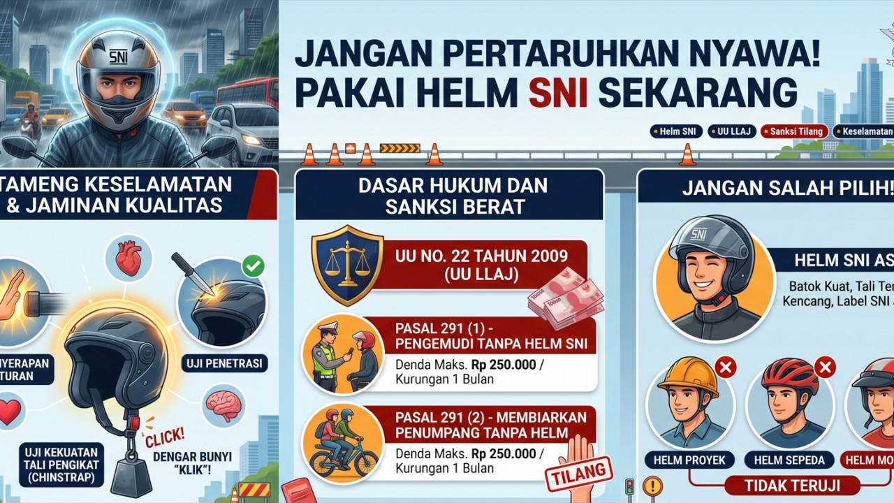 Jangan Pertaruhkan Nyawa di Jalan, Ini Aturan Hukum dan Sanksi Berat Jika Tidak Pakai Helm SNI