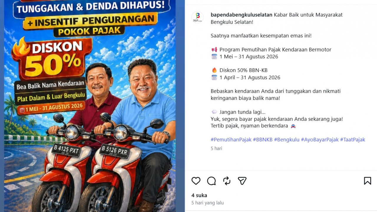 Bengkulu Hadirkan Program Pemutihan Pajak Kendaraan 2026, Bebas Denda dan Diskon Balik Nama 